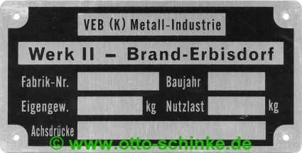 Typenschild Metall-Industrie Brand-Erbisdorf