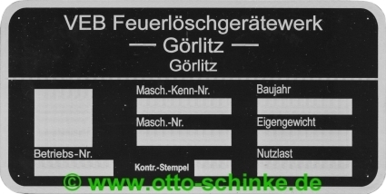 Typenschild Feuerlöschgerätewerk Görlitz