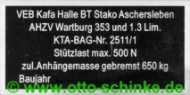 Typenschild AHZV Wartburg 353/1.3 Limo Kafa