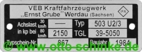 Typenschild Ernst Grube 503 U2/3
