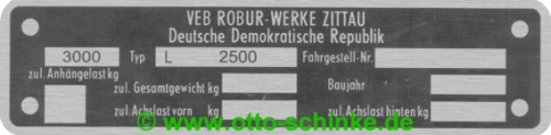 Typenschild Robur-Werke Zittau L 2500