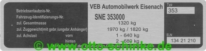 Typenschild Wartburg 353 Bj. 86-88 Limousine