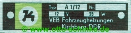Fahrzeugheizungen Kirchberg Typenschild A1/12