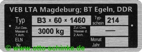 Typenschild LTA Magdeburg BT Egeln B3x60x1460
