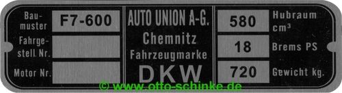Auto-Union DKW Typenschild F7 01.37 - 04.38