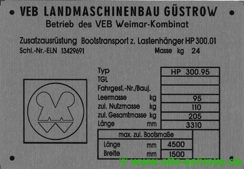 Typenschild Landmaschinenbau Güstrow HP300.95