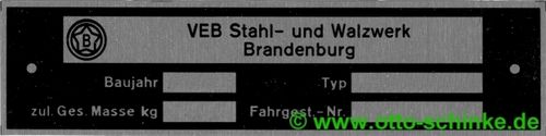 Typenschild Stahl- und Walzwerk Brandenburg