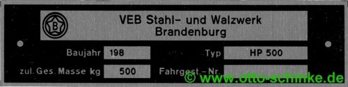 Typenschild SWB Brandenburg HP 500