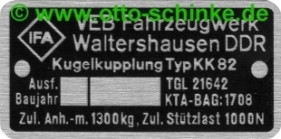 Typenschild Waltershausen AHZV KK82