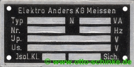 Typenschild Elektro Anders KG Meißen 74 x 37
