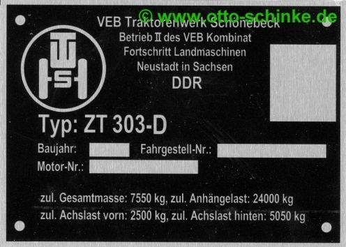 Typenschild Traktor Fortschritt ZT 323 Schild VEB DDR Schönebeck S25 
