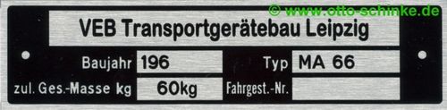 Typenschild Transportgerätebau Leipzig MA 66