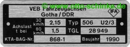 Typenschild Fahrzeugachsen Gotha 506 1990