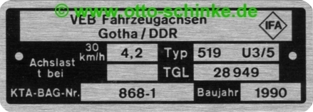 Typenschild Fahrzeugachsen Gotha 519 1990