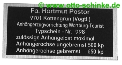 Typenschild AHZV Wartburg 353 Tourist Pastor
