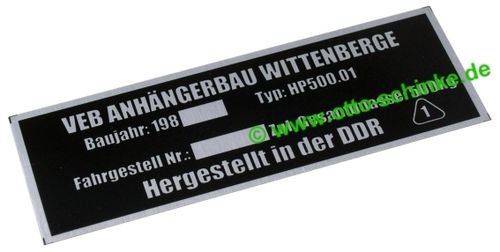 Typenschild Anhängerbau Wittenberge HP 500.01