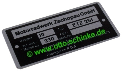 Typenschild MZ ETZ 251 GmbH
