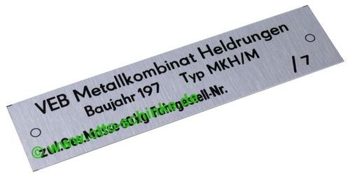 Typenschild Metallkombinat Heldrungen MKH/M